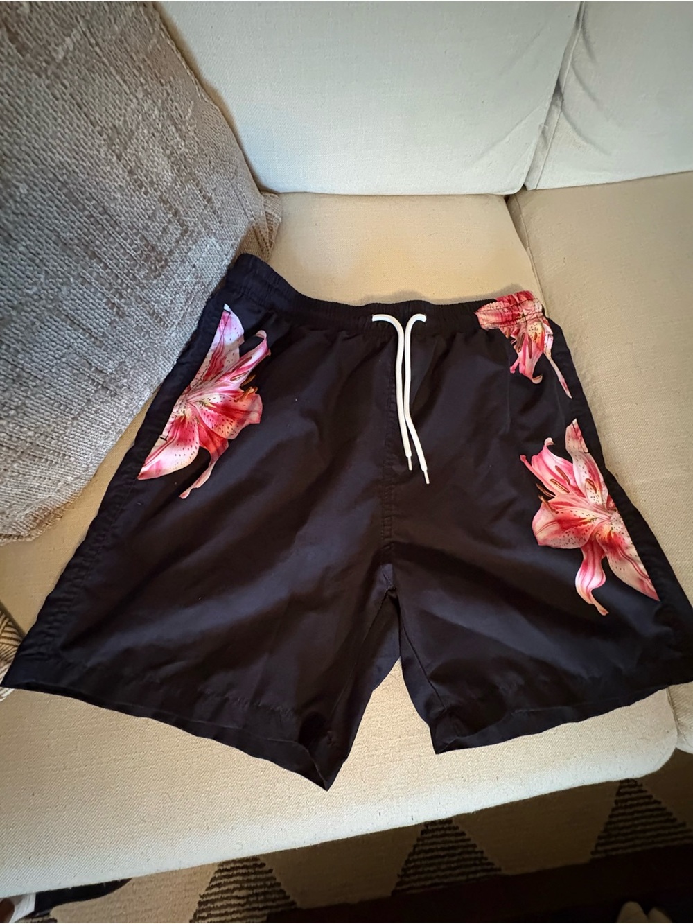 SHEIN Black Swim Trunks with Pink Floral Accents